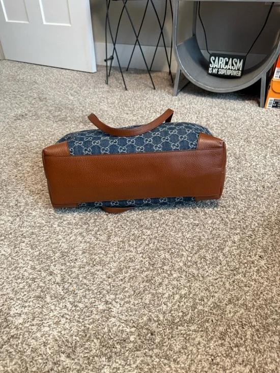 Gucci Blue Denim GG Monogram Tote with Brown Leather Trim - Picture 4 of 5